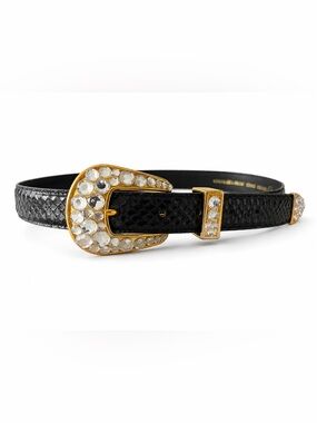 Black Crystal-Embellished Leather waist Belt Gold Buckle snake retro vintage 80s